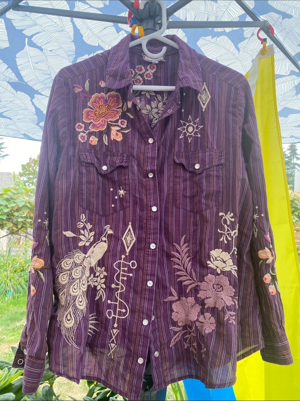 Vintage Johnny Was Embroidered Purple Stripe Button-Up top large Fair